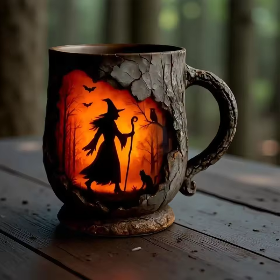 Tazza di Halloween 3D artigianale – Motivo Strega e Gatto