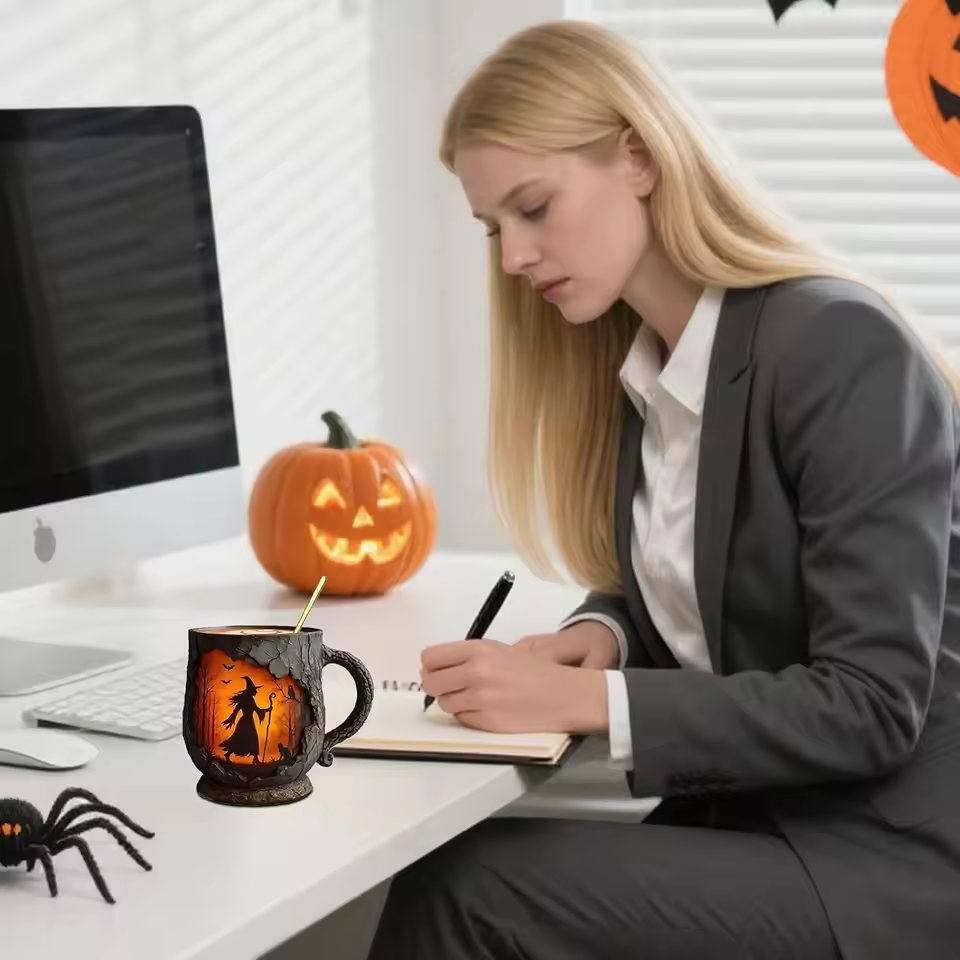 Tazza di Halloween 3D artigianale – Motivo Strega e Gatto