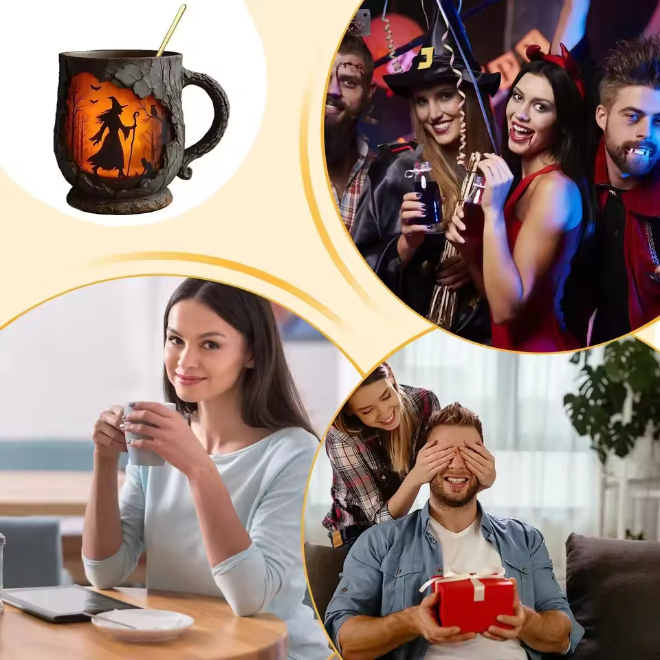 Tazza artigianale 3D di Halloween – Con strega e gatto