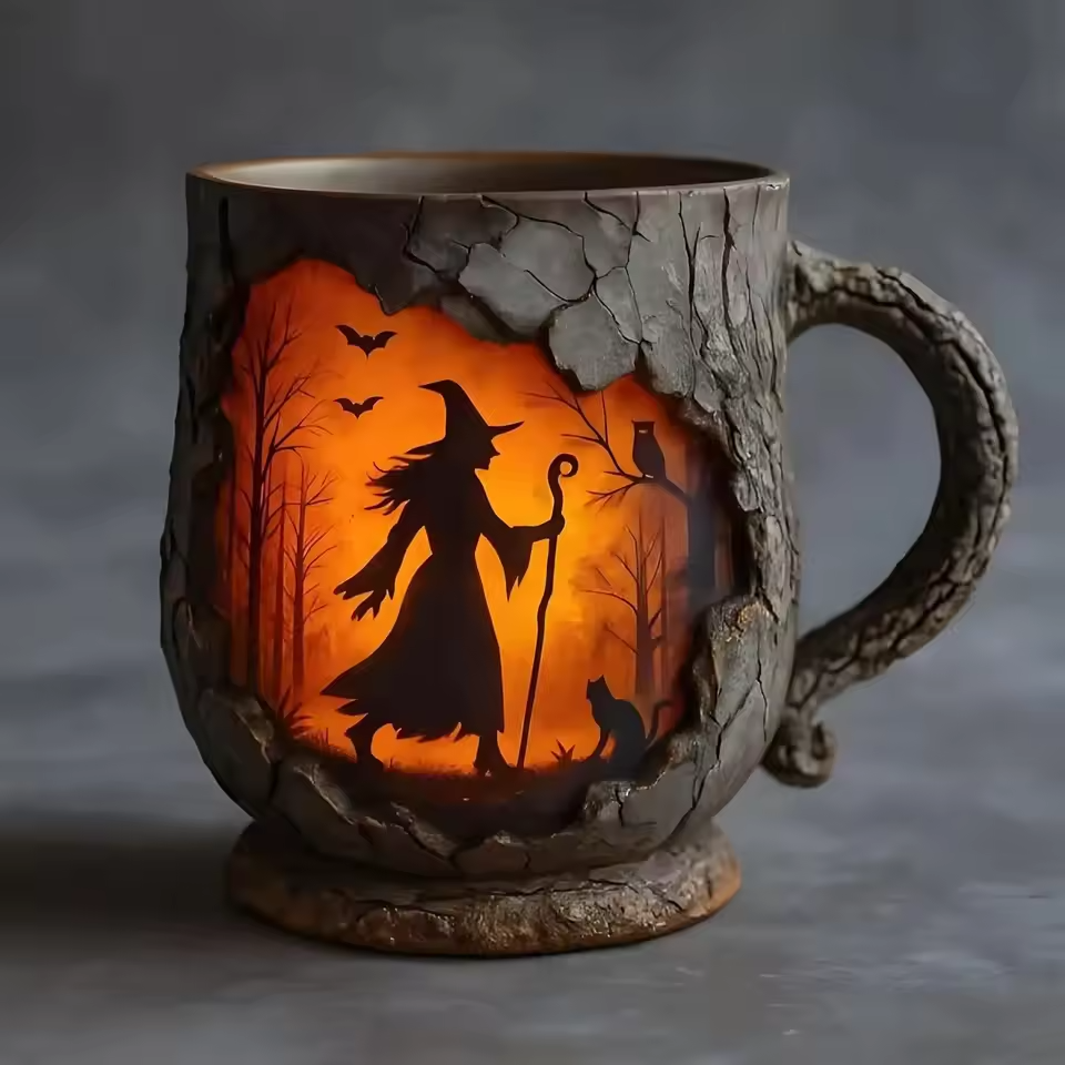 Tazza artigianale 3D di Halloween – Con strega e gatto