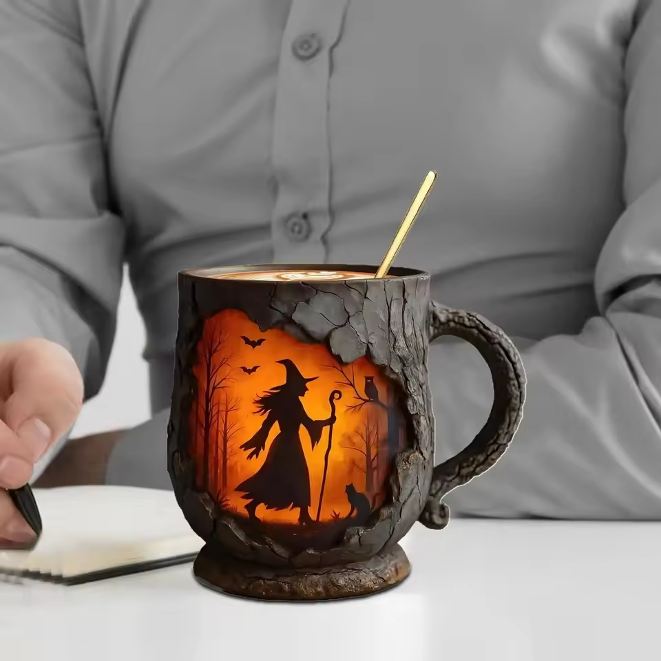 Tazza artigianale 3D di Halloween – Con strega e gatto