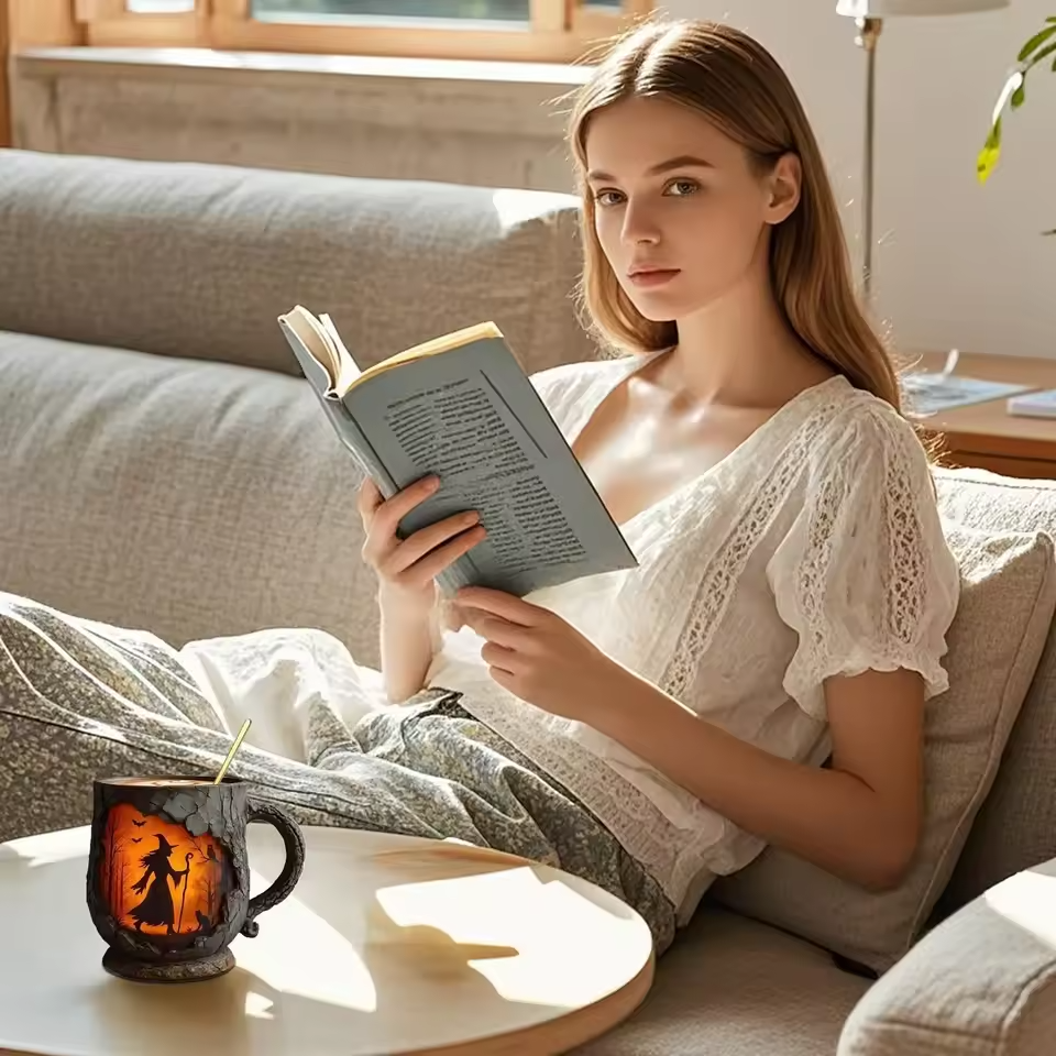 Tazza di Halloween 3D artigianale – Motivo Strega e Gatto